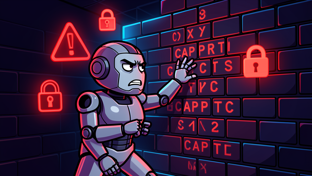 Frustrated AI robot character hitting a brick wall with CAPTCHA symbols, cel-shaded illustration