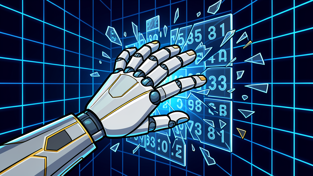 AI robot hand breaking through a CAPTCHA wall of distorted numbers, cel-shaded illustration