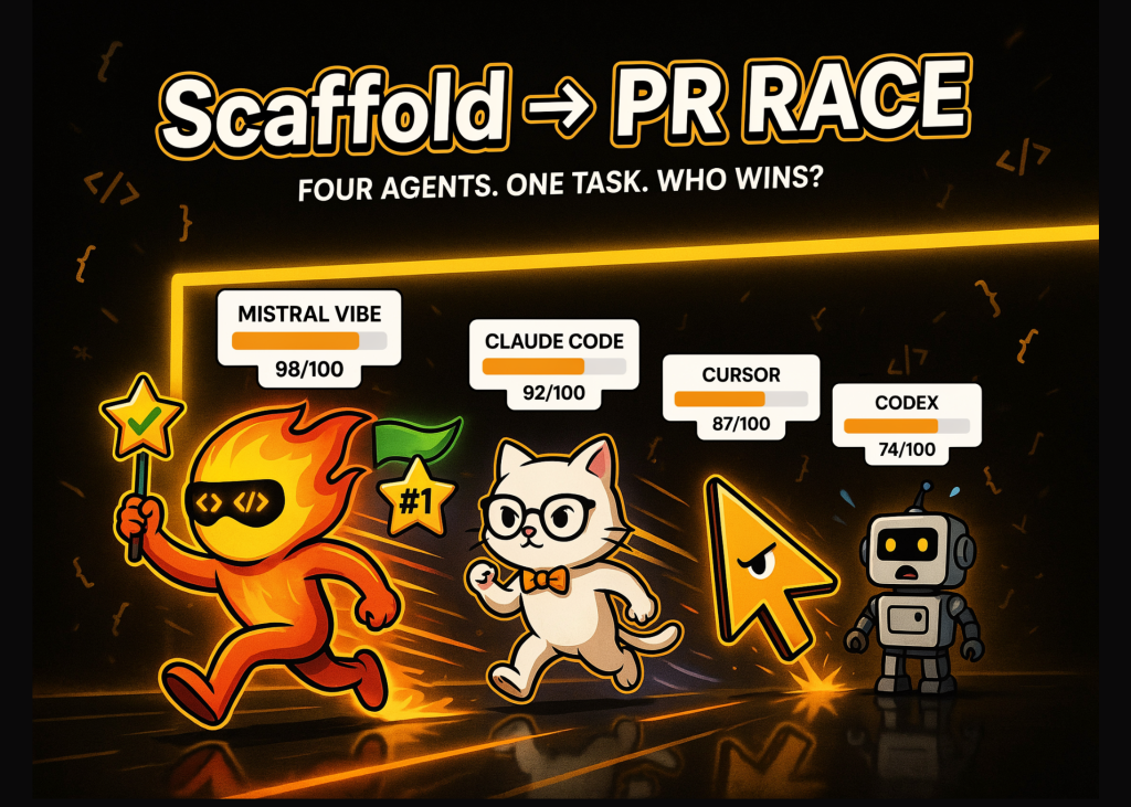Mistral Vibe for Code vs Claude Code vs Cursor vs Codex: Four Agents Scored on One Scaffold-to-PR Task - MarkTechPost — featured image. Image via www.marktechpost.com